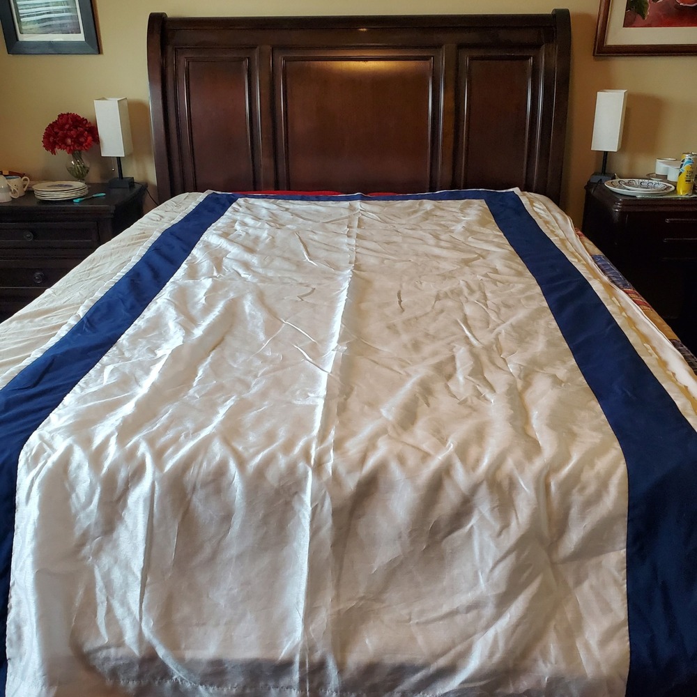 Royal Velvet White Navy Blue Striped Lined Faux Silk Curtain Panel 49x95